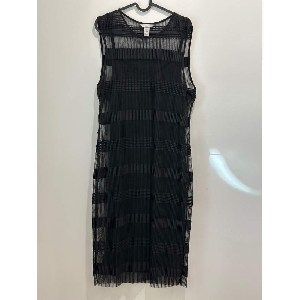 H&M Black Mesh Pleated Striped Sleeveless Midi Dress with Slip Lining Size M